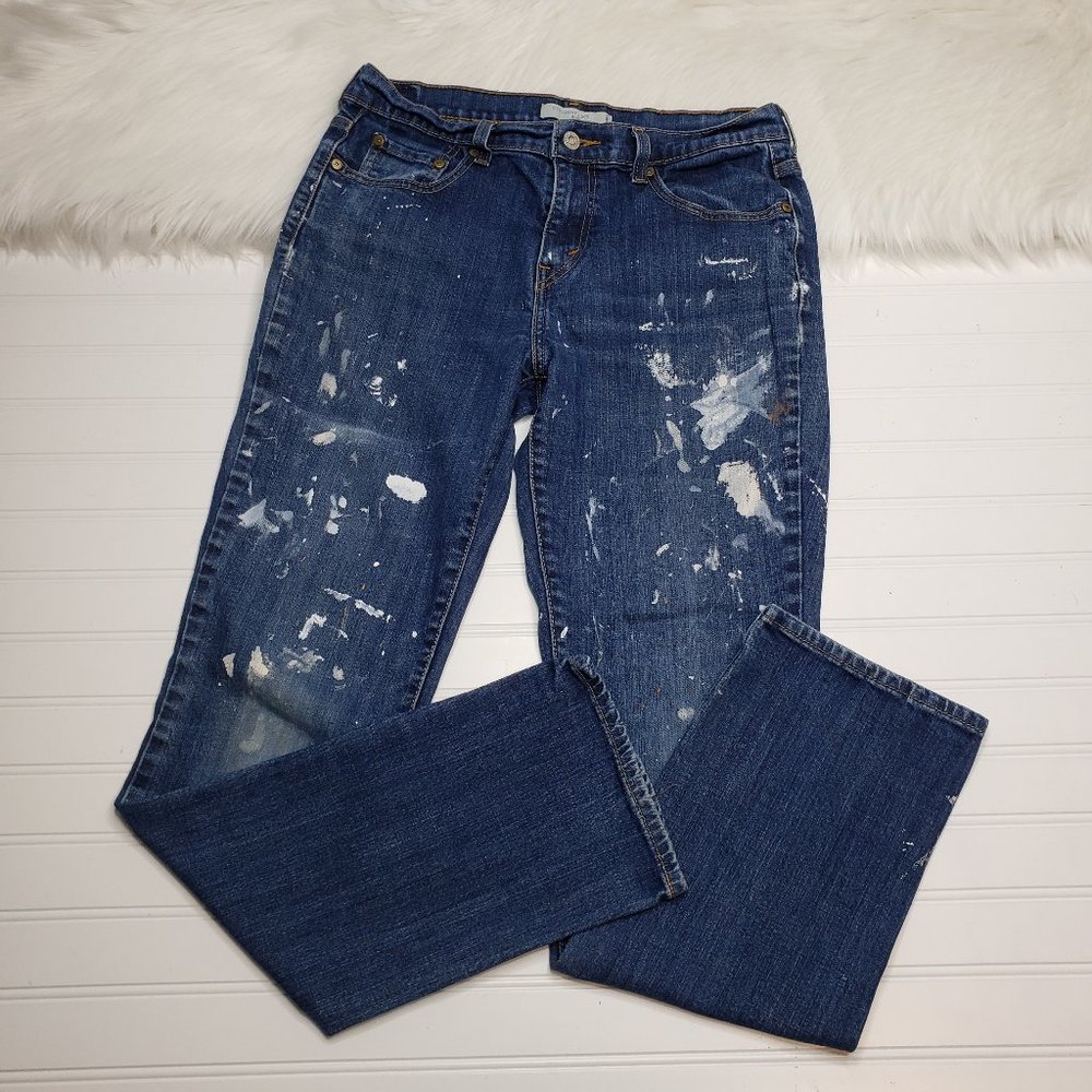 Levi's 505 Straight Leg Size 10 L Blue Medium Wash Paint Destroyed Denim Jeans